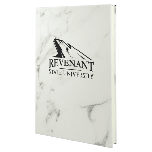 Custom laser-engraved White Marble leatherette journal featuring a mountain remnant with 'Revenant State University' for a professional, personalized look.