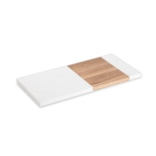 Blank white marble and acacia wood rectangular serving board on a transparent background, ready for custom laser engraving.