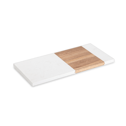 Blank white marble and acacia wood rectangular serving board on a transparent background, ready for custom laser engraving.