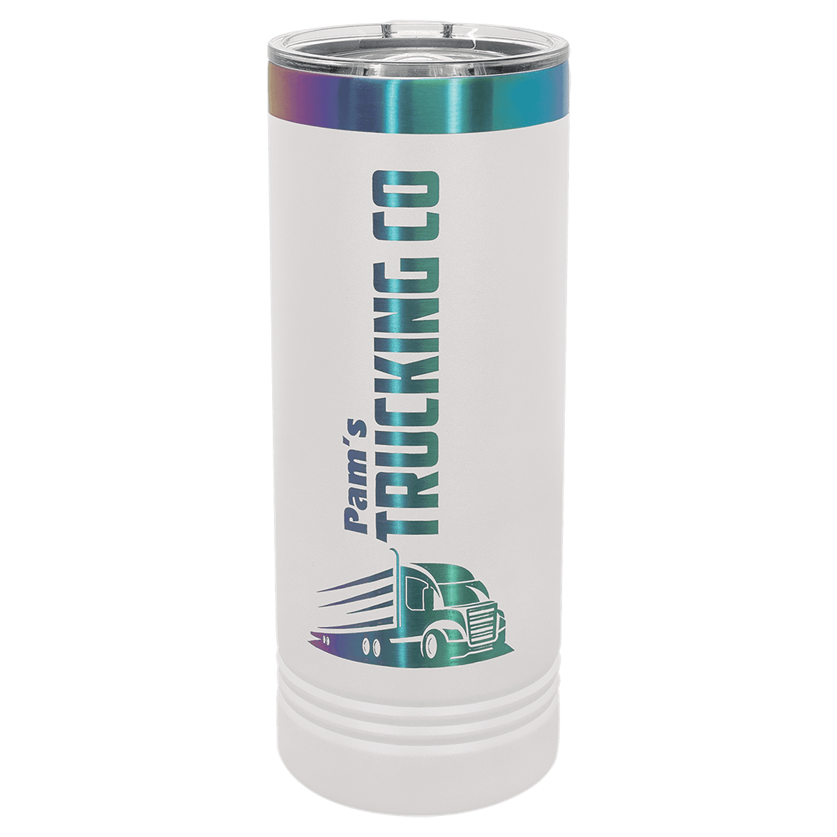White 22 oz prism lip skinny tumbler featuring a custom laser-engraved "Pam's Trucking Co" semi-truck logo and text revealing a vibrant metallic prism effect against a transparent background. (201 characters)