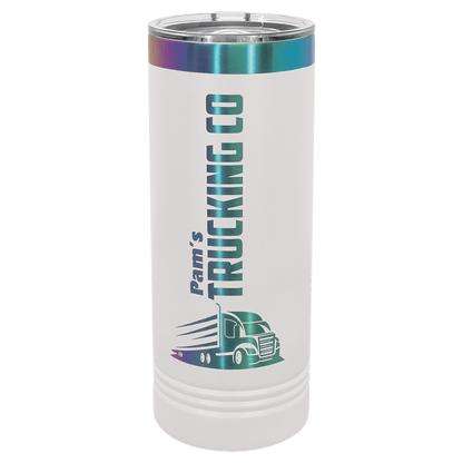 White 22 oz prism lip skinny tumbler featuring a custom laser-engraved "Pam's Trucking Co" semi-truck logo and text revealing a vibrant metallic prism effect against a transparent background. (201 characters)