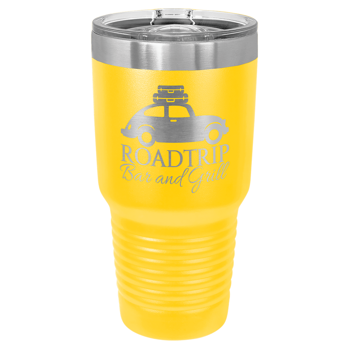 Custom laser-engraved 30 oz yellow insulated tumbler featuring 'Road Trip Bar and Grill' logo, shown on a transparent background.